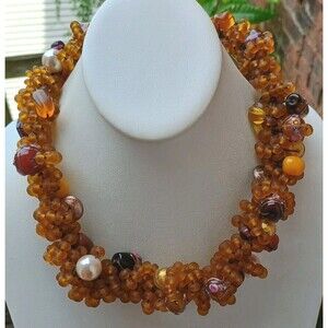 Amber Frosted Glass Lampwork Art Glass Faux Pearl Pumpkin Foil Bead Necklace